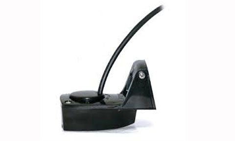 Lowrance Airmar TM150M 000-11302-001 transom-mount transducer in black with cable and angled bracket, side view