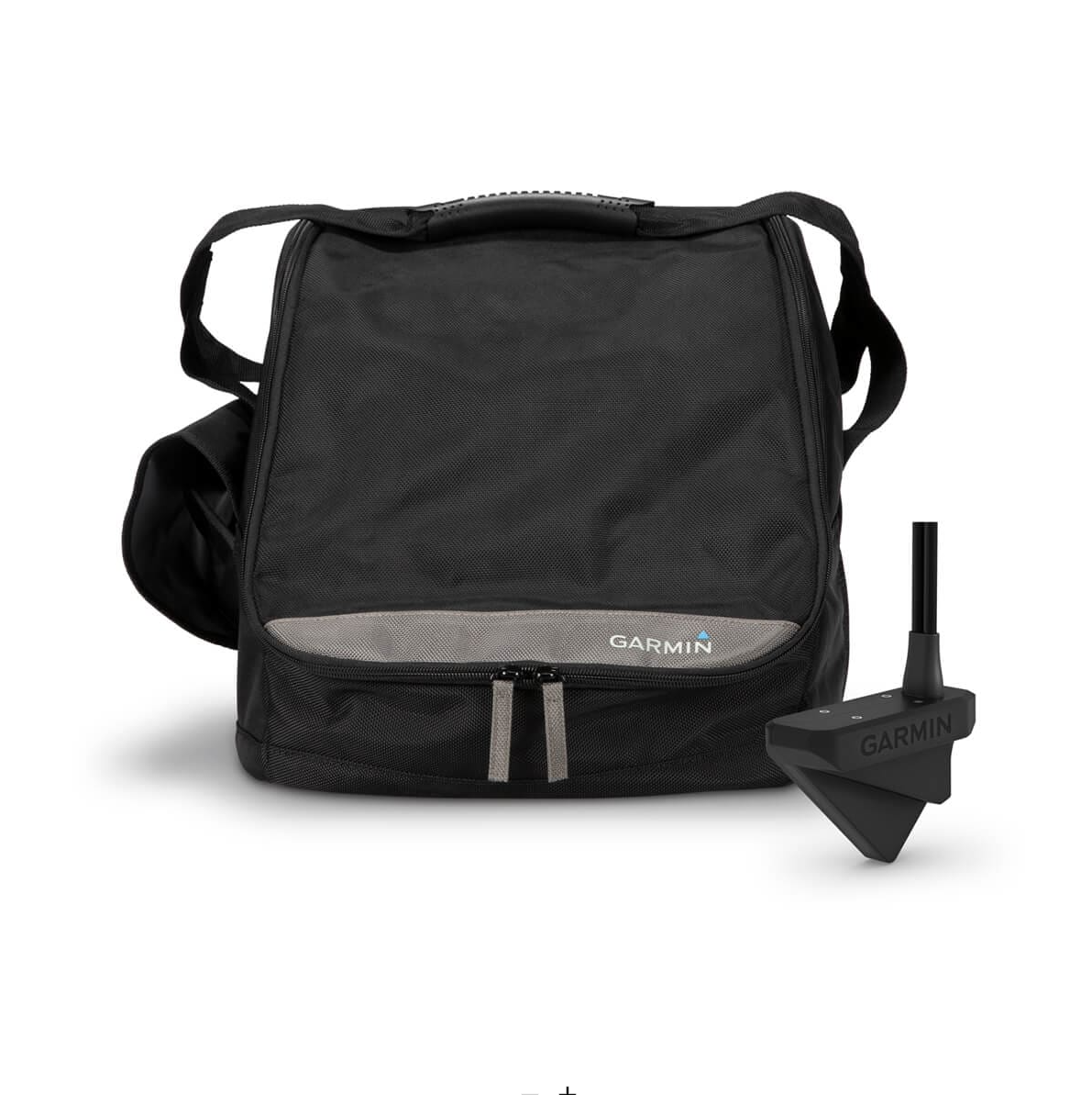 Garmin Panoptix LiveScope 010-12676-51 ice fishing kit, black carry bag with Garmin label and a transducer