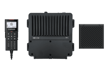 Simrad RS100 marine VHF system 000-15643-001, black corded handset, ventilated radio unit and square speaker