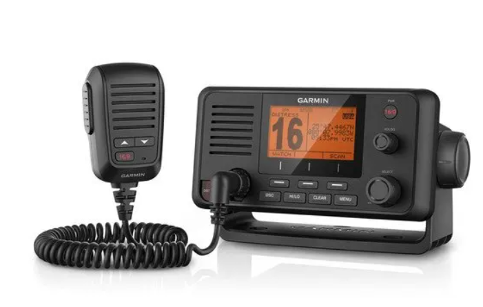 Garmin VHF 215i 010-02097-00 marine radio, black unit with orange channel 16 display and coiled microphone