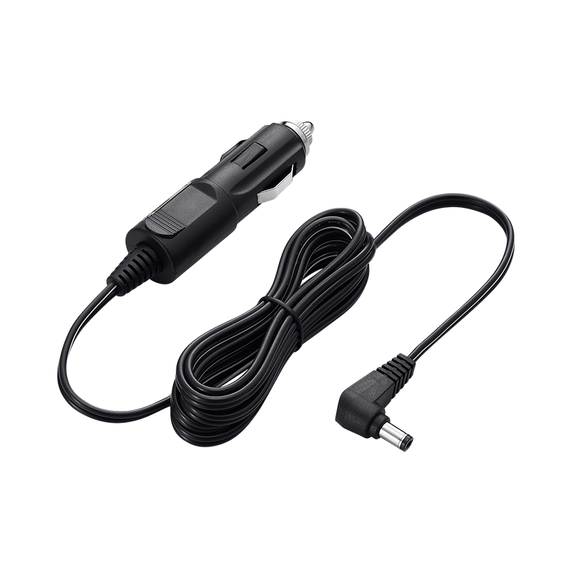 Icom CP-23L cigarette lighter cable, black lead with a 12 V plug and a right-angle round plug, on black