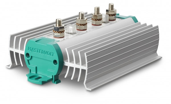 Mastervolt Battery Mate 1603 IG 83116035 battery isolator, angled view of finned heatsink and four terminal studs