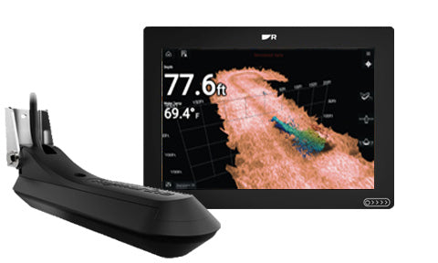 Raymarine E70637-03 Axiom+ 9 RV, black display showing 3D sonar at 77.6 ft beside an RV-100 transducer