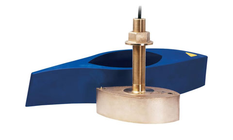Raymarine A80322 B275LH-W 1 kW depth and temperature bronze through hull CHIRP transducer with a blue fairing, angled