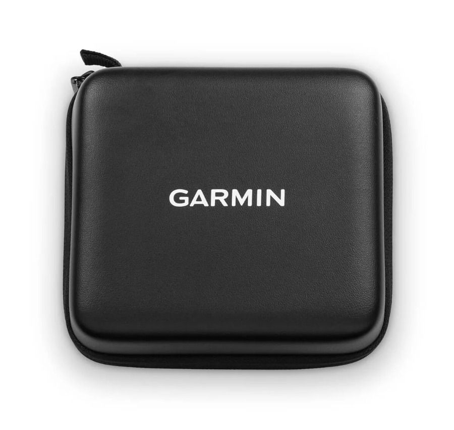 Garmin 010-12981-12 carrying case, black zipped case with printed Garmin logo, front view