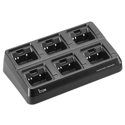 Icom BC-197 six way multi-charger, black six-bay desktop charger with the Icom logo