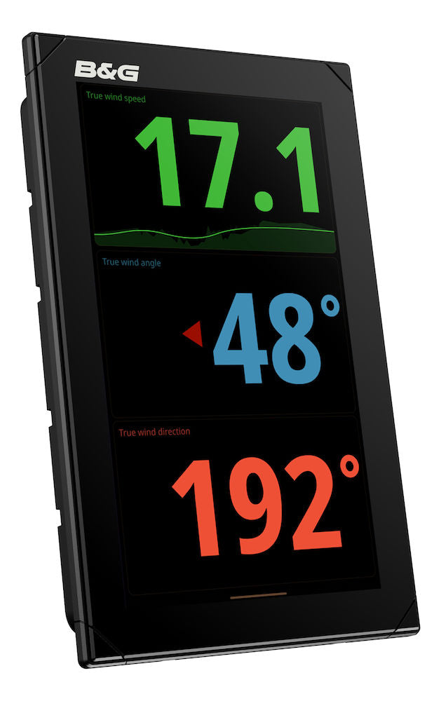 B&G 000-15611-001 Nemesis 9, tilted black portrait display showing wind speed 17.1, angle 48 and heading 192