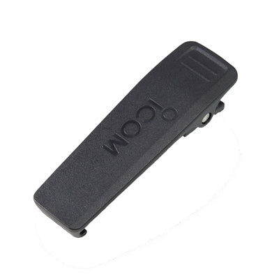 Icom MBB-3 belt clip, black plastic belt clip printed with the Icom logo, shown on a white ground