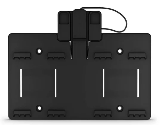 Fusion Apollo 010-12964-11 6/8 channel amplifier mounting bracket, black plate with slots and a cable