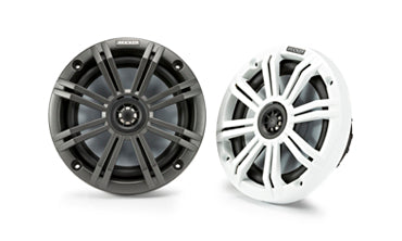 Kicker KM Marine 6.5 inch coaxial speaker system, KA45KM654, a grey spoked speaker and a white spoked speaker