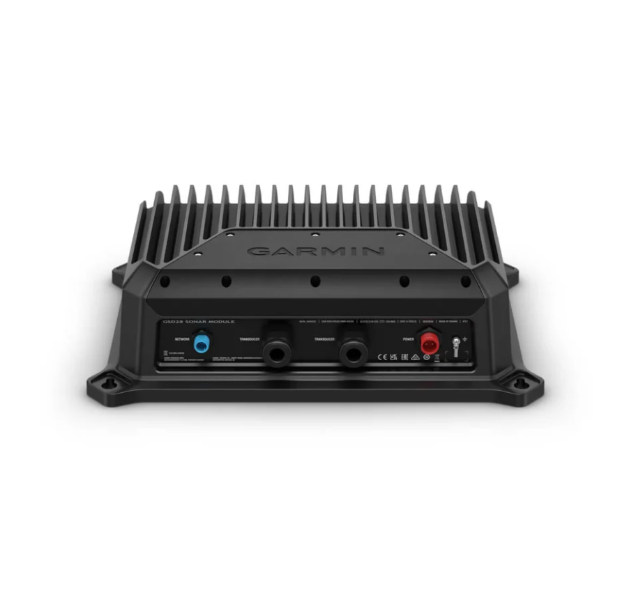 Garmin GSD 28 010-02797-00 sonar module, black finned case with sockets and mounting feet, angled front