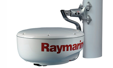 Scanstrut LMM-1 self-levelling radar mount fixed to a mast, holding a white Raymarine radome on the stainless arm