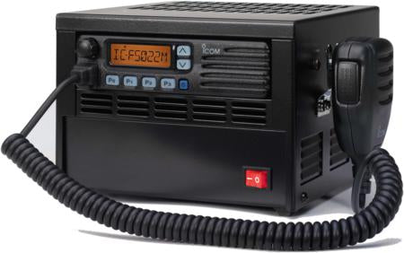 Icom IC-F5022M VHF marine base station, black boxed set with an orange display, a coiled microphone and a red switch
