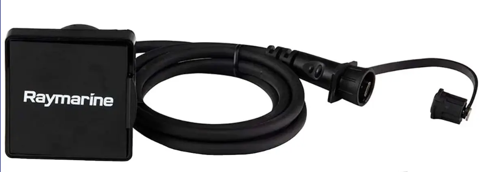 Raymarine A80630 DJI drone extension cable, black square Raymarine adapter unit with a coiled black lead and plug