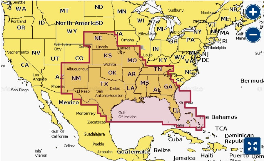 Garmin Navionics+ 010-C1290-20 U.S. South NSUS006R coverage, red selection over southern states and Gulf of Mexico