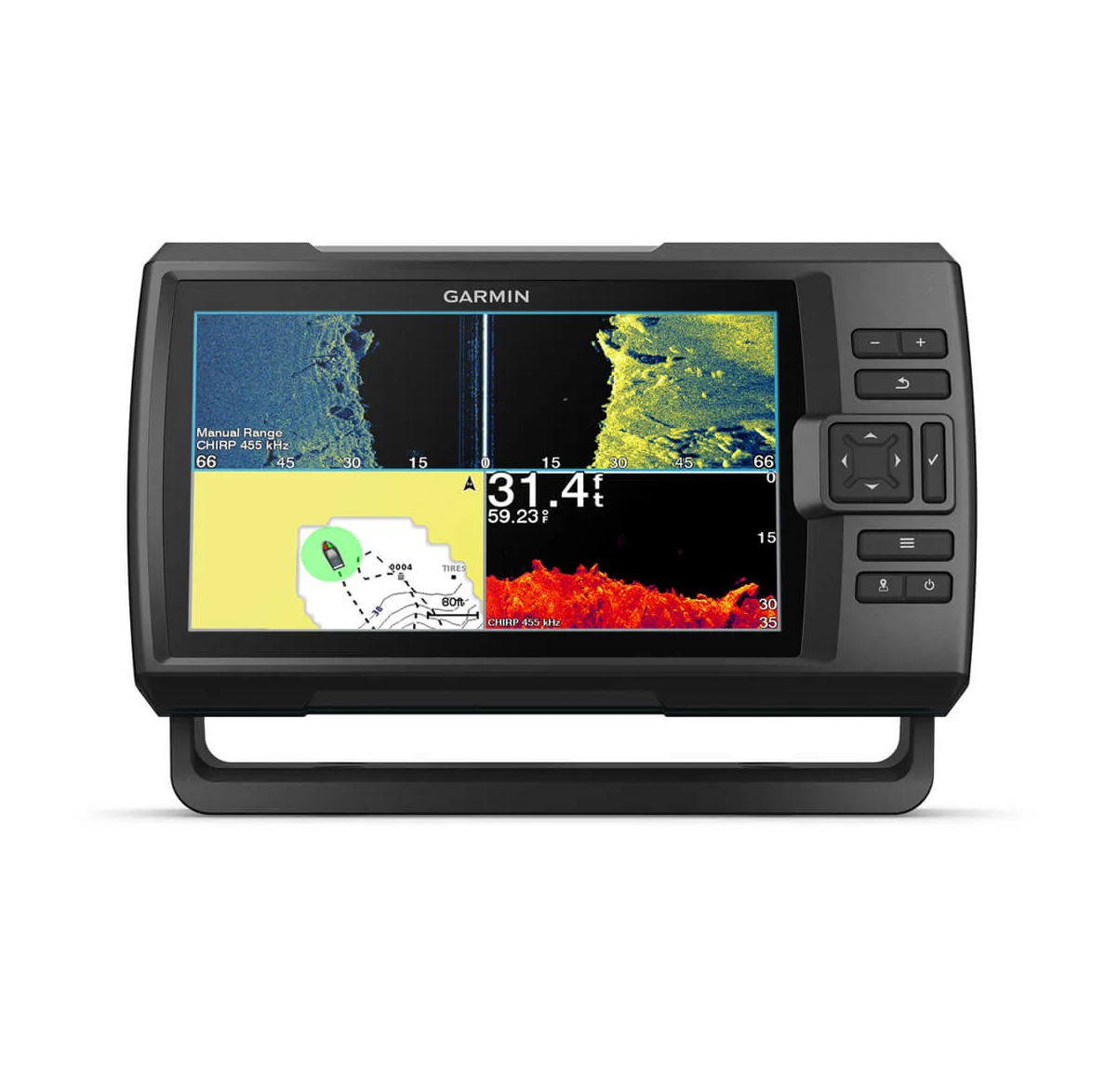 Garmin STRIKER Vivid 9sv 010-02554-02 without transducer, front view of four-pane sonar and chart, 31.4