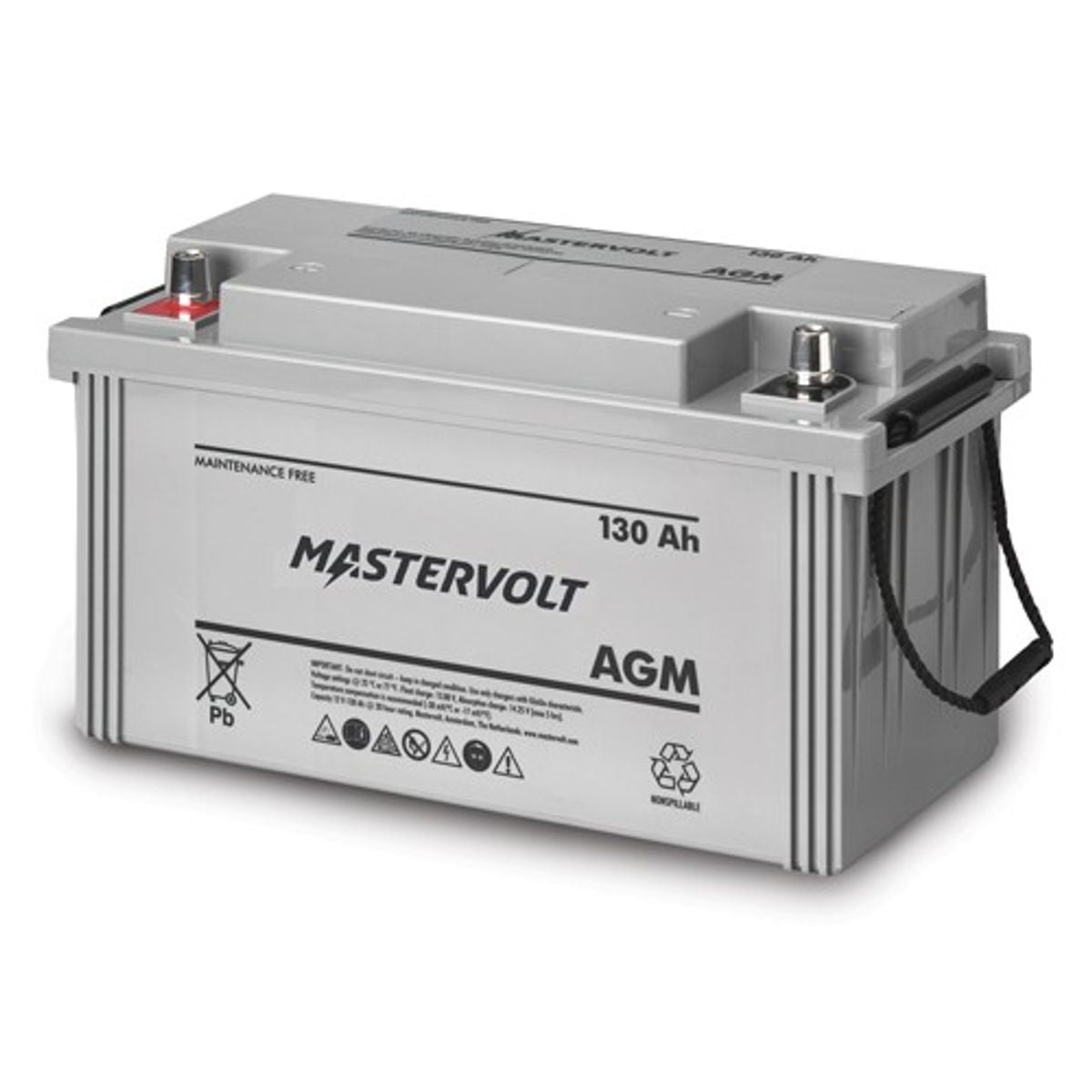 Mastervolt 12V 130Ah AGM battery, grey case with black carry strap, Mastervolt logo and terminals on top