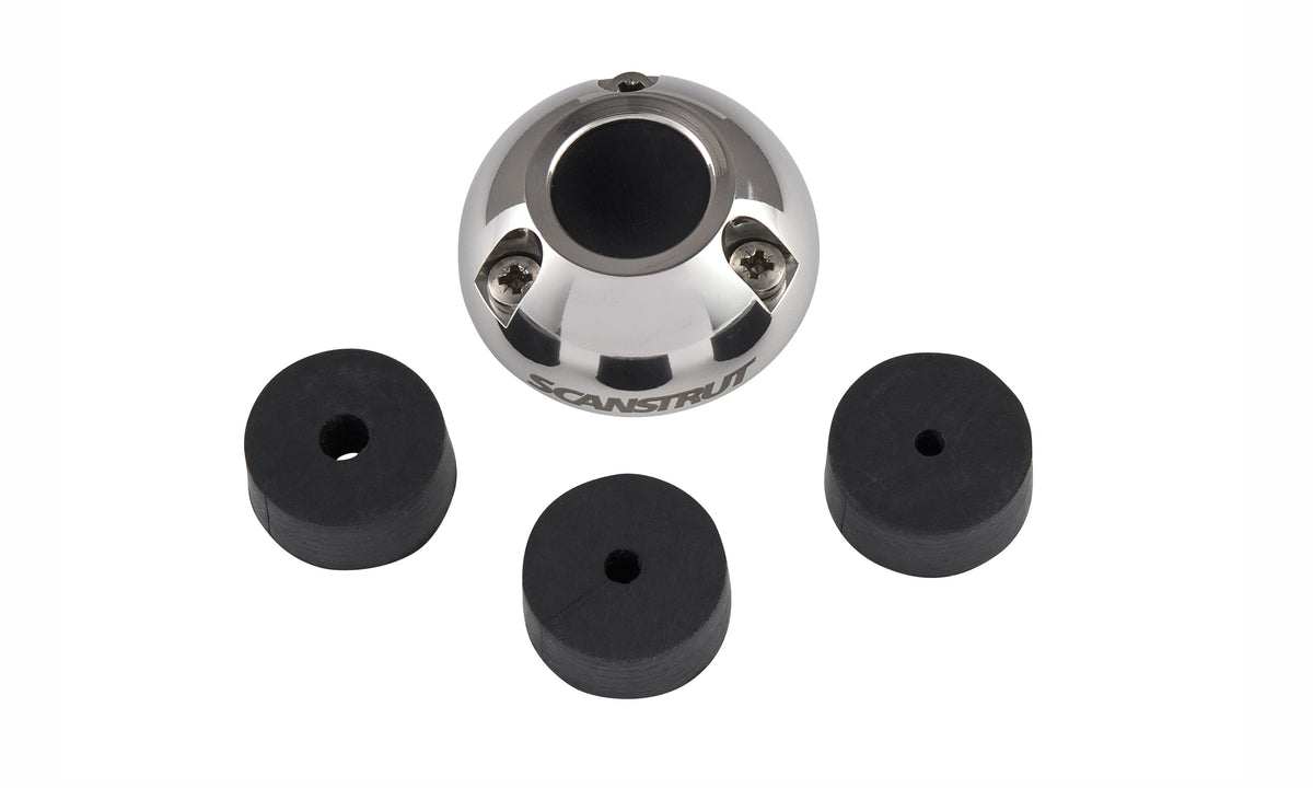 Scanstrut DS40-S large stainless cable seal dome with four black rubber inserts laid out in front
