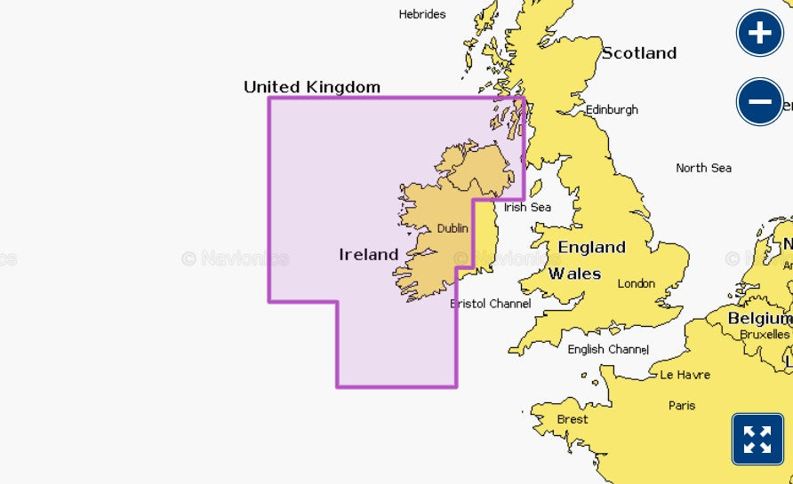 Garmin Navionics+ 010-C1233-00 Ireland West Coast NVEU075R coverage, purple selection over western Ireland