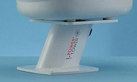 Scanstrut APT6003 aluminium PowerTower in white, angled wedge base supporting a radar dome, close-up side view