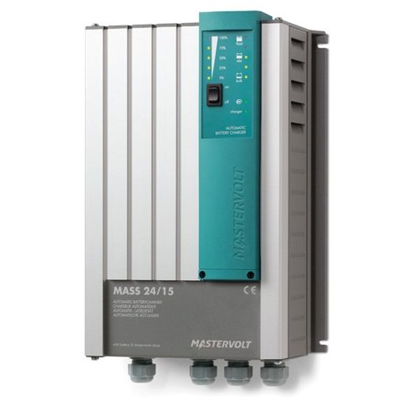 Mastervolt Mass 24V 75A charger 40020756, front view of finned casing with teal control panel and cable glands