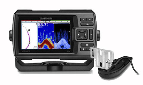 Garmin Striker 5dv 010-01552-01 GPS fishfinder with GT20-TM transducer, front view showing depth 53.7