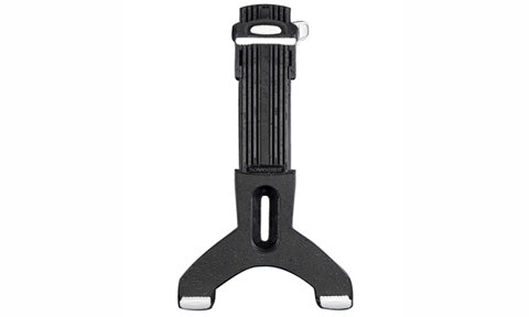 ROKK Mini RL-508 universal tablet clamp, black adjustable holder with white release tabs, front view on white