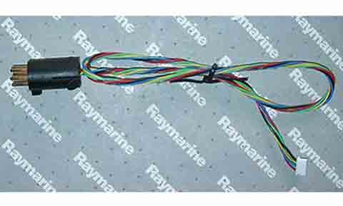 Raymarine A28165 wind transducer arm cable 300 mm, thin coloured wires with a black plug on a branded Raymarine mat