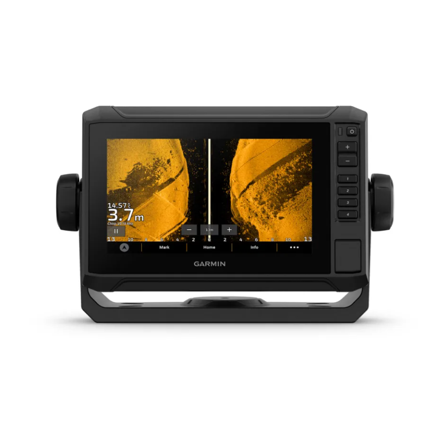 Garmin ECHOMAP UHD2 72sv 010-02683-00 without transducer, front view of two orange sidescan panes, 3.7 m
