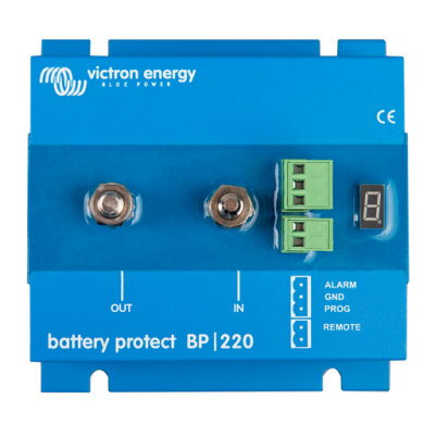 Victron BPR000220400 Energy Battery Protect 12/24 V 220 A, blue unit with two studs and green terminals on black