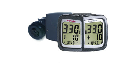 Raymarine T074-868 Micronet Race Master system and triducer, two grey displays reading 330 and 10 with a black triducer