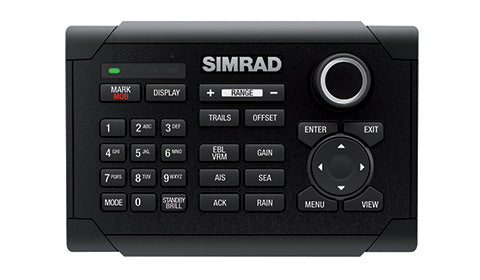 Simrad O2000 wired remote radar controller 000-12189-001, front view of black keypad, rotary dial and arrow pad