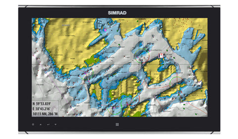 Simrad MO19-T 19 inch touchscreen high bright monitor 000-11262-001, front view with chart of a coastline on screen