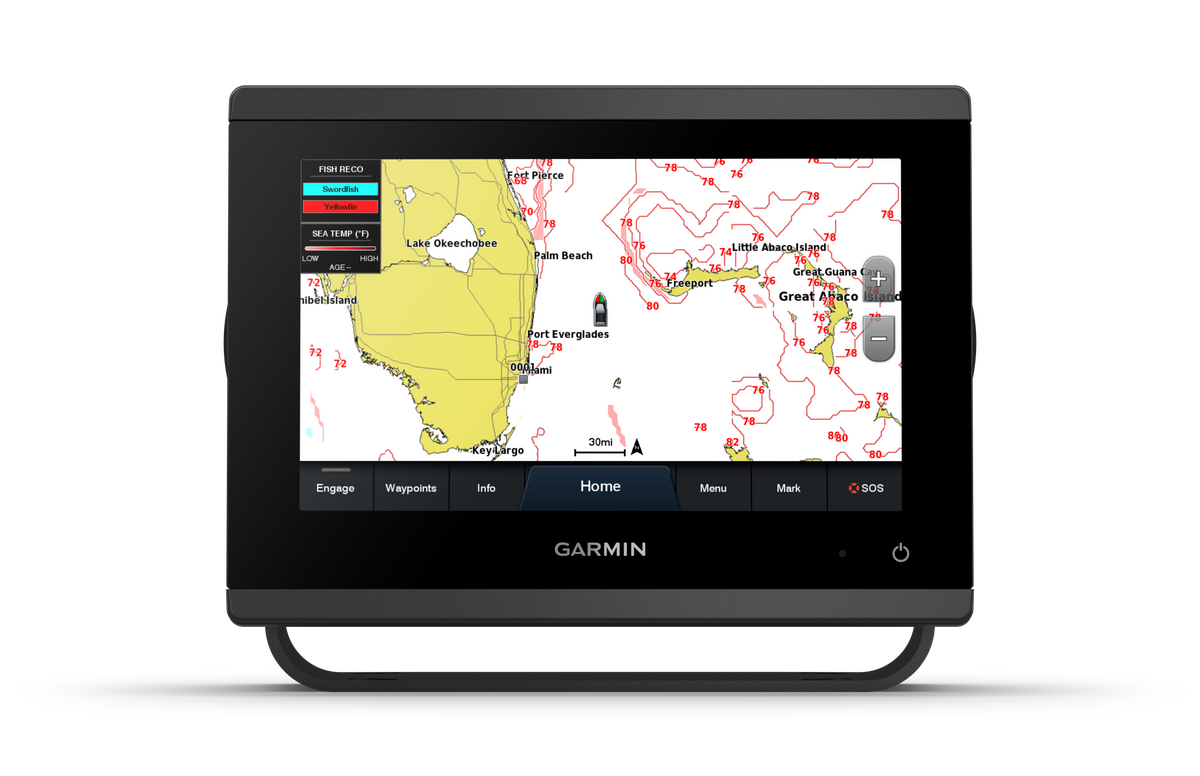 Garmin GPSMAP 723 010-02365-00 non-sonar chartplotter, front view of chart screen with depth contours