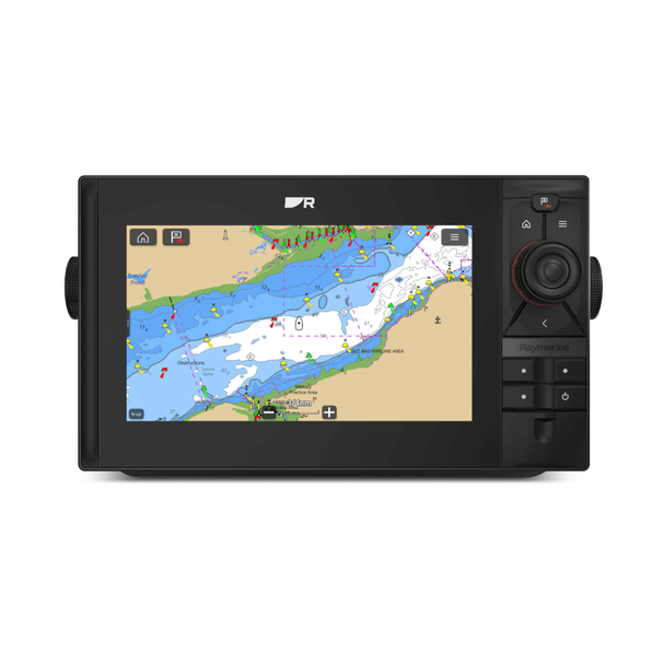 Raymarine E70655 Axiom 2 Pro 12 S, front view of black display showing a river chart