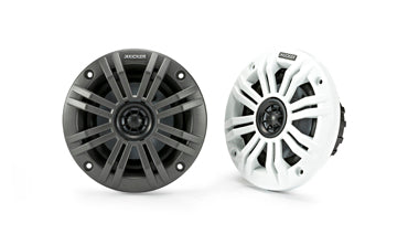 Kicker KM Marine 4 inch coaxial speaker system, KA45KM44, a grey spoked speaker and a white spoked speaker