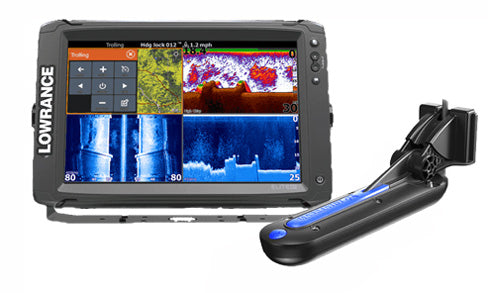 Lowrance Elite-12 Ti 000-14520-001 showing multi-panel chart and sonar screen, with TotalScan transducer alongside