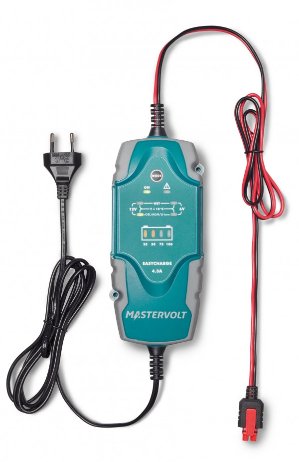 Mastervolt EasyCharge Portable 4.3A charger, teal handheld unit with mains plug lead and red battery clamp lead