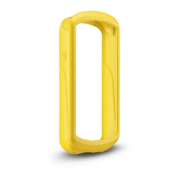 Garmin 010-12654-04 yellow silicone case, front view of open-fronted protective case for a cycling computer