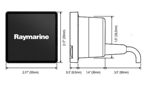 Raymarine A80440 RCR remote SD card reader and USB socket, dimensions drawing of a square black unit and its side