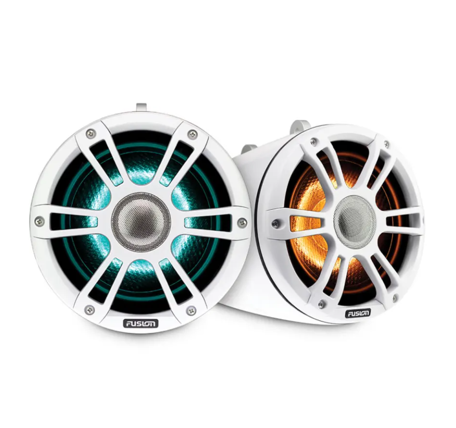 Fusion Signature Series 3 010-02438-01 6.5in white wake tower speakers, pair lit aqua and amber