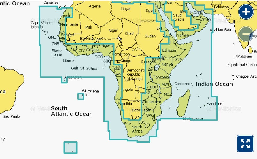 Garmin Navionics+ 010-C1228-00 Africa and Middle East NVAF630L coverage, selection over Africa and Arabia