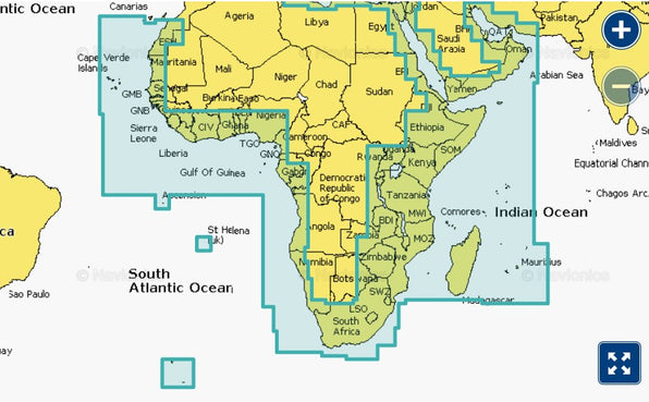 Garmin Navionics+ 010-C1228-00 Africa and Middle East NVAF630L coverage, selection over Africa and Arabia