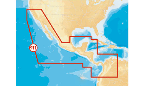 Navionics Platinum Plus compact flash card 911P-2, coverage map of Central America outlined among numbered charts
