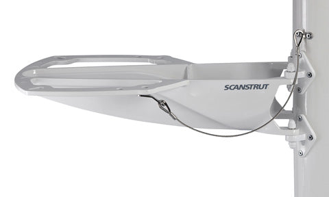Scanstrut SC21 white mast mount, flat tray bracket with Scanstrut logo and steel wire strap fixed to a mast