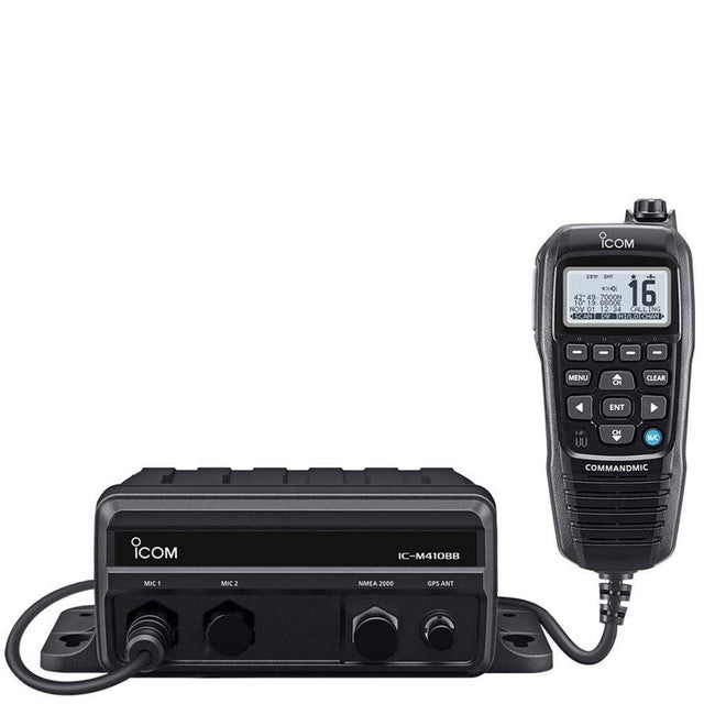 Icom IC-M410BB black box VHF radio unit with a black COMMANDMIC handset showing channel 16, cable connected