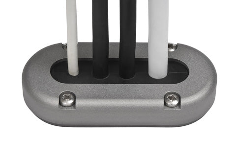 Scanstrut DS-Multi deck seal in grey with four cables, two white and two black, passing through the oval body