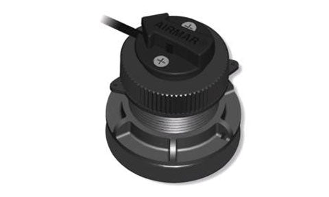 Raymarine E26008 P371 speed and temperature shorty plastic through hull transducer, black round body with a grey top