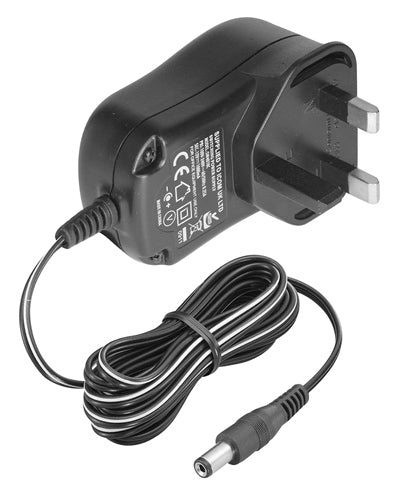 Icom BC-06 charger, black UK mains plug adapter with a black lead and a barrel plug