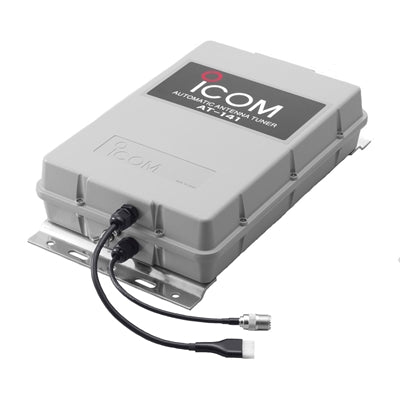 Icom AT-141 antenna tuner, grey weatherproof box with a black Icom label and two leads with plugs, front view